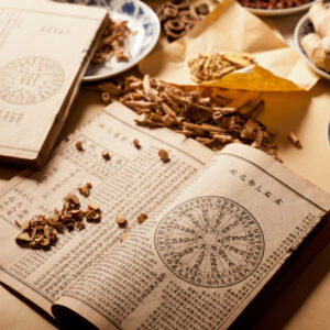 Ancient Chinese medical books in the Qing Dynasty, the Chinese herbal medicine on the table